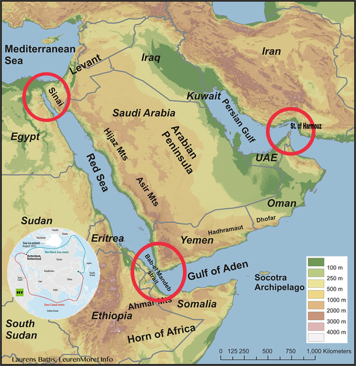 Pic 1.2 Choke Points- Concealed behind the smoke and mirrors is a tale of geopolitics and petro-politics that aims to control the Entrance to the Suez Canal, Bab-el-Mandeb Strait, the Gulf of Aden, and Strait of Hormuz, LaurensBattis LeurenMoret[Info]